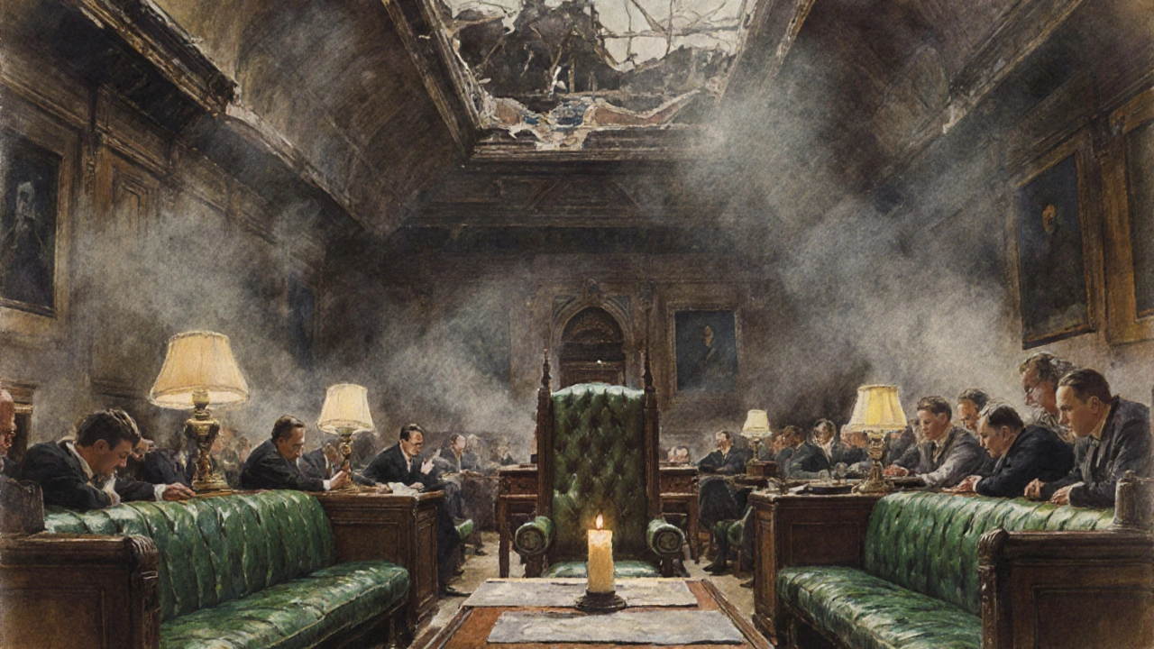 A candlelit House of Commons chamber after a WWII bomb strike, MPs seated on green benches under flickering light.