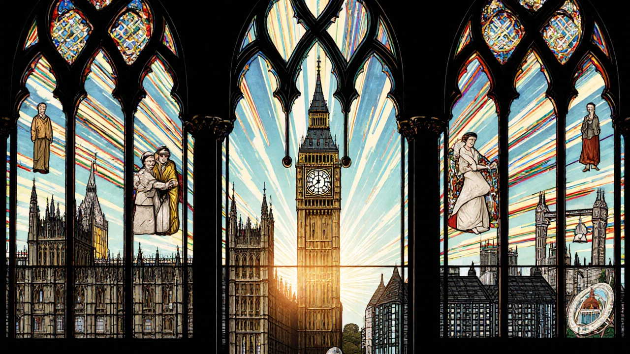 A stained-glass masterpiece of Parliament as a democratic cathedral, with historical figures and glowing symbols of law and liberty.