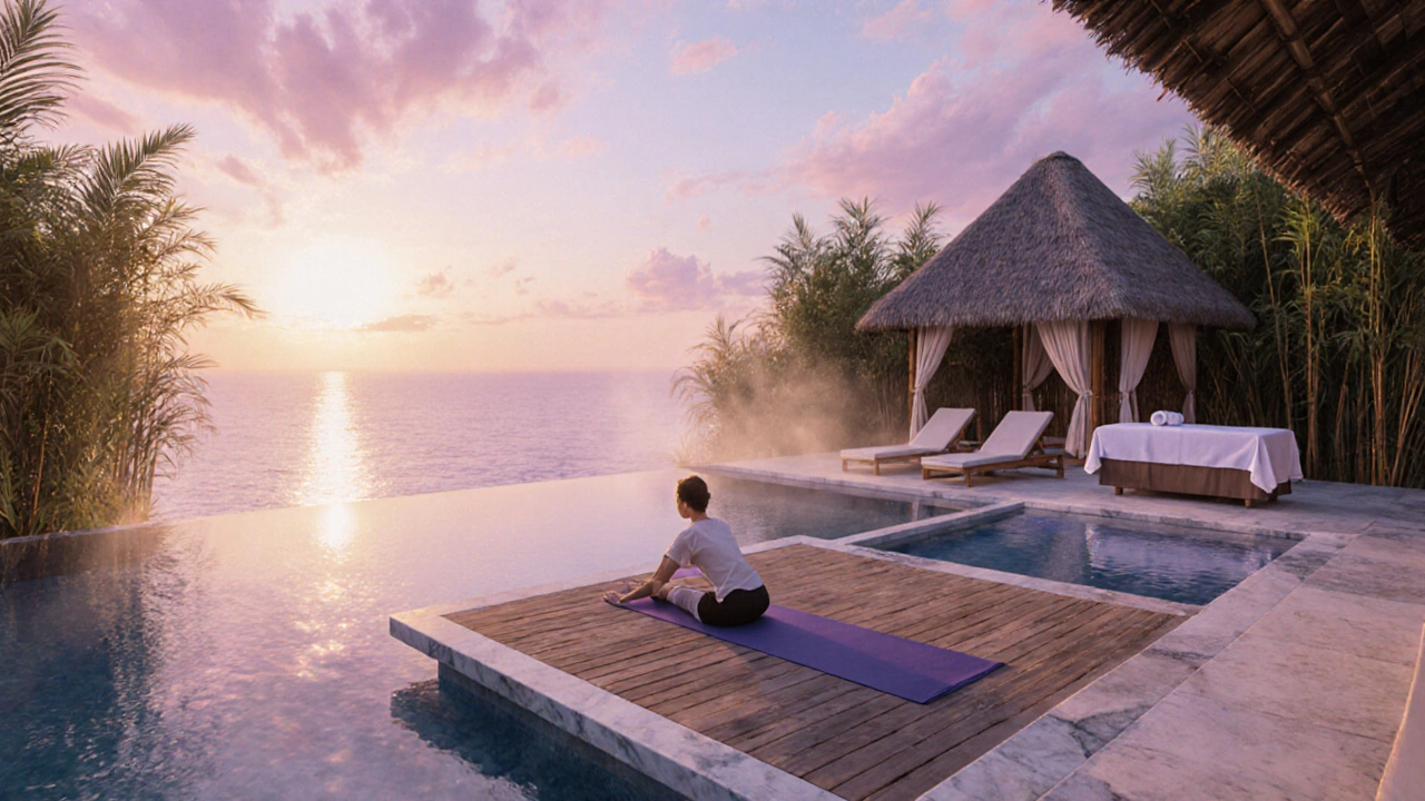 Adult practicing sunrise yoga beside a private infinity pool.