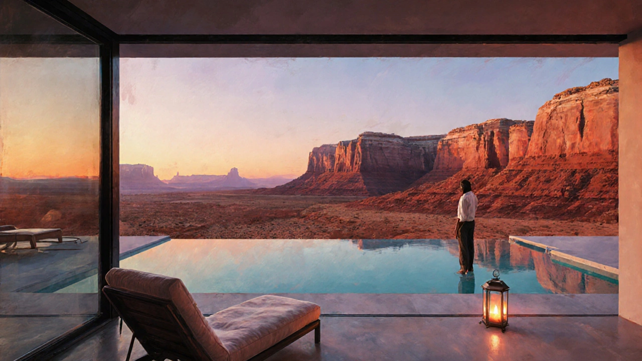 Amangiri desert casita with infinity pool merging into red rock cliffs at sunset.