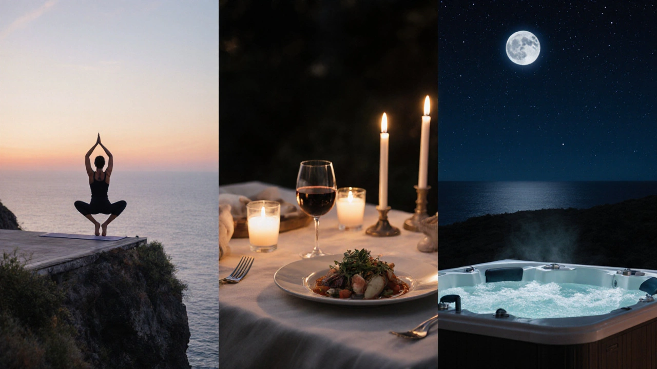 Collage of sunrise yoga, candlelit beach dinner, and moonlit jacuzzi for a serene three‑day stay.