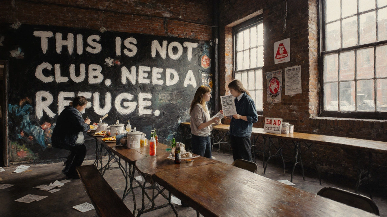 Community room during protests, volunteers serving food, mural on wall, quiet solidarity in morning light.
