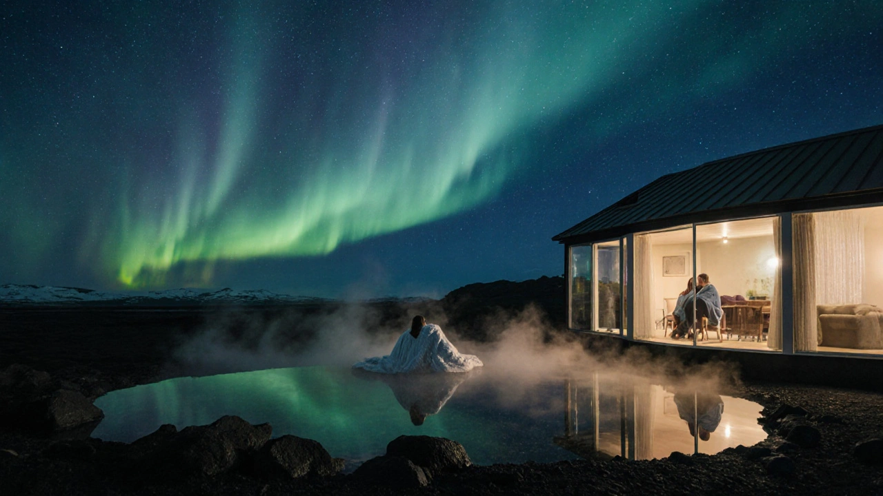 Couple in a geothermal pool watching the aurora over a glass‑facade hotel.