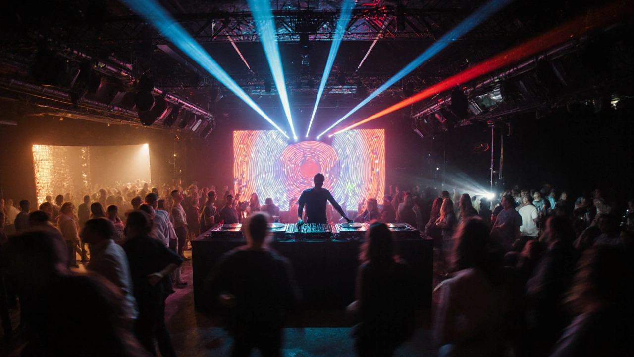 Crowded interior of Fabric nightclub with laser lights and DJ booth.