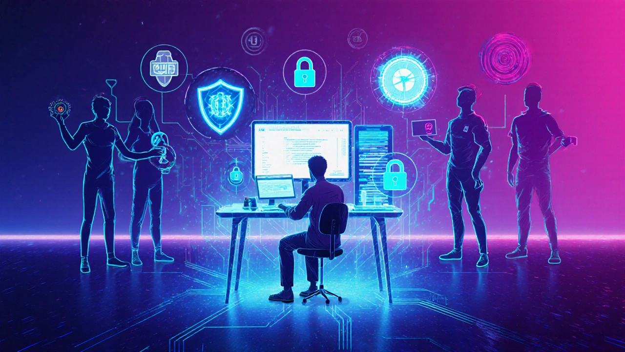 Cyber‑punk workstation with holographic locks, VPN icons, and neon silhouettes of supportive peers.