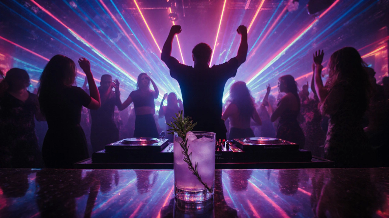 DJ performing with laser lights and a glowing cocktail bar in a crowded club.