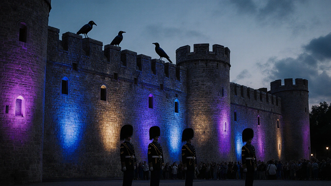 Dusk scene of Tower battlements lit by concert lights, showing ravens and Beefeaters.