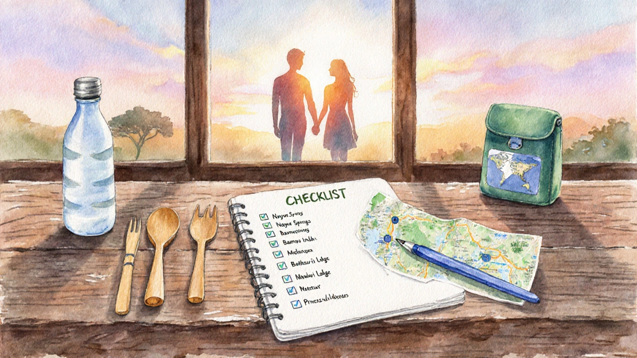 Eco‑travel checklist items and a couple planning a sustainable romantic trip.
