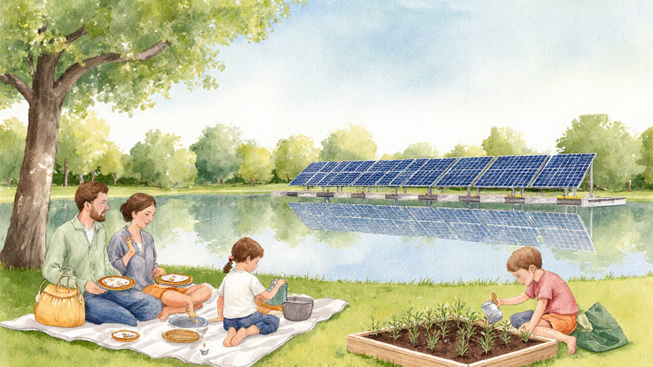 Family having a reusable‑plate picnic in Regent's Park with floating solar panels on the lake.