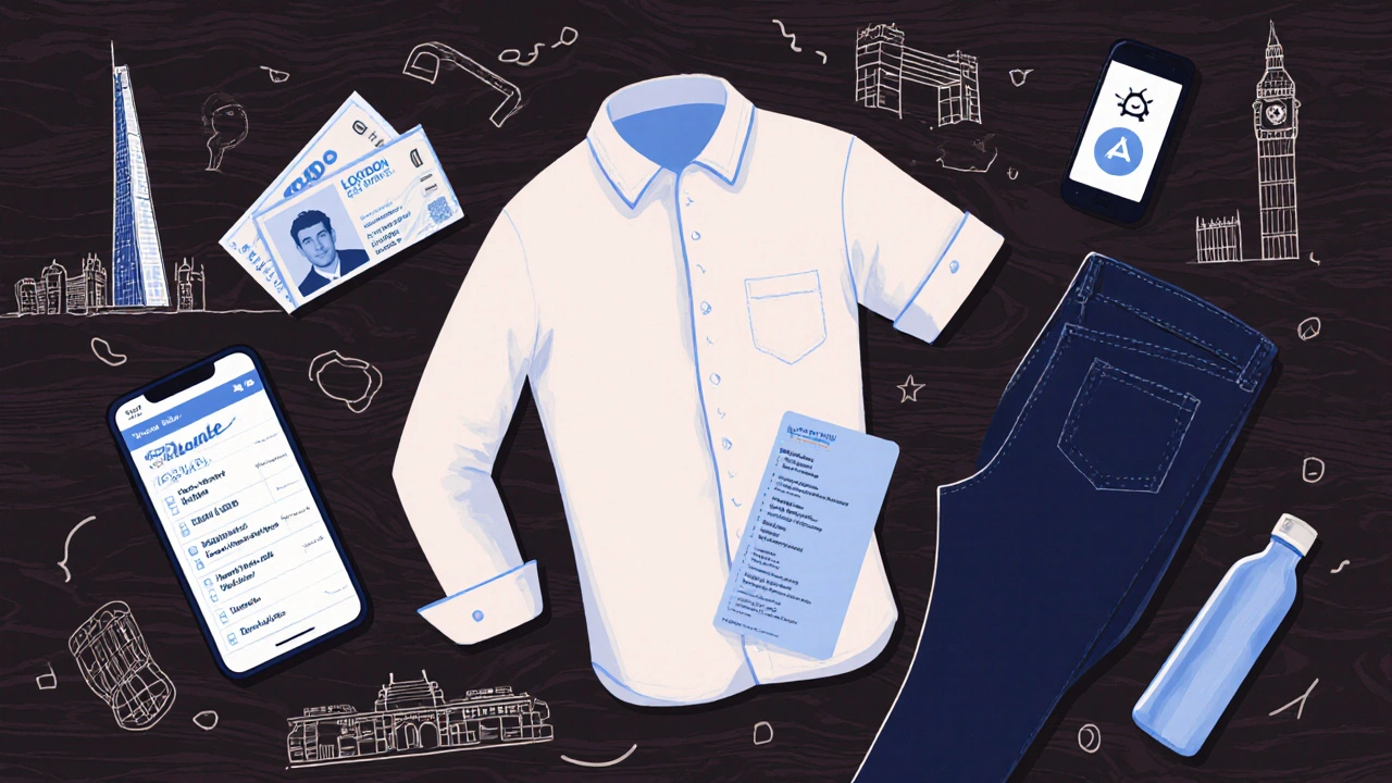 Flat‑lay illustration of ID, ticket, phone, outfit and water bottle as a night‑out checklist.