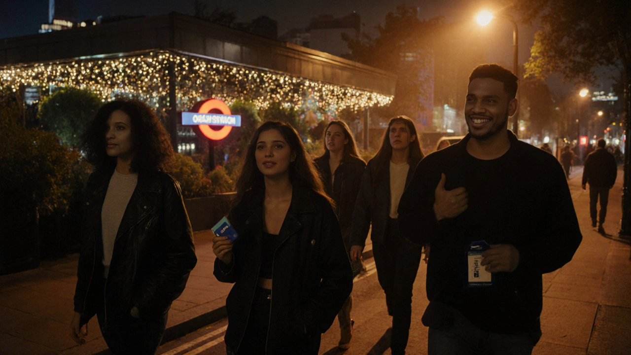 Friends leaving a club, walking to a Tube station with early‑morning light.