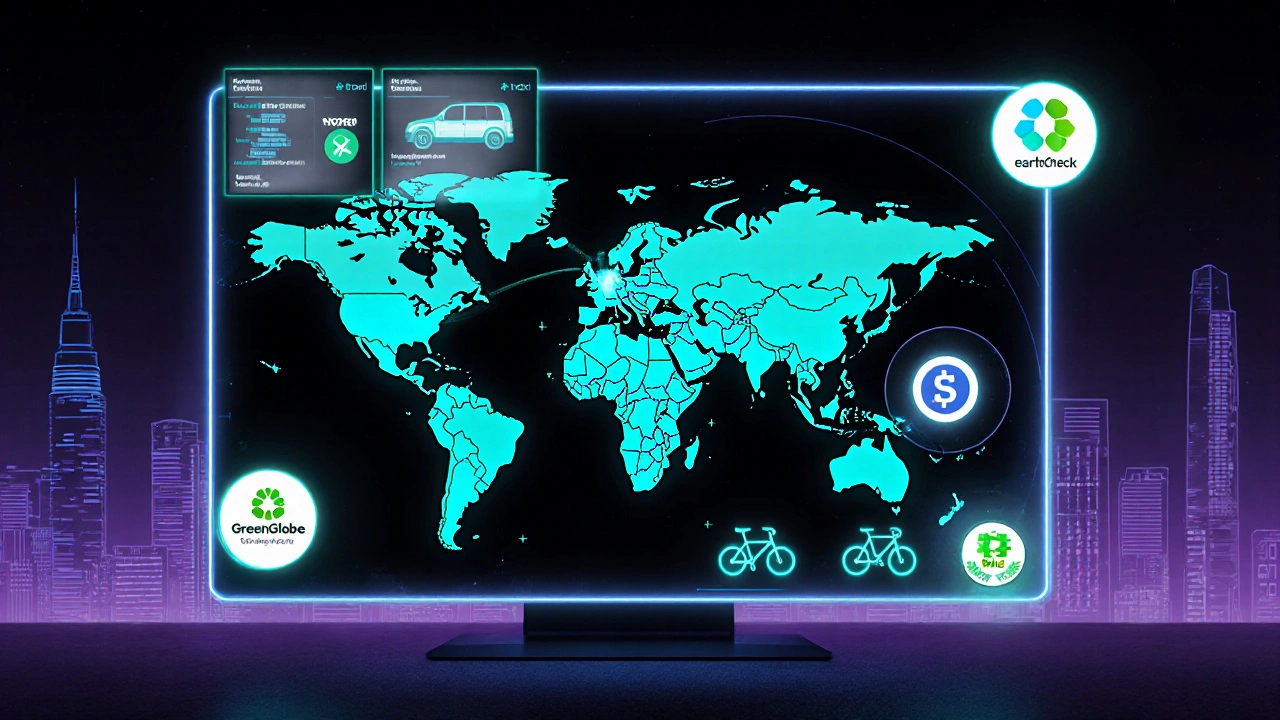 Futuristic dashboard displaying AI‑planned eco‑tour routes and blockchain carbon credits.