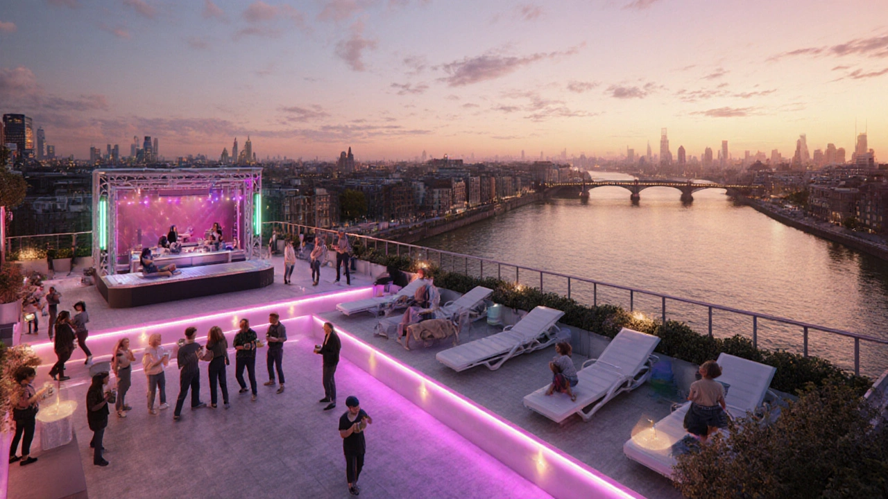 Futuristic rooftop terrace of Printworks overlooking the Thames with lounge areas and glowing light installations.