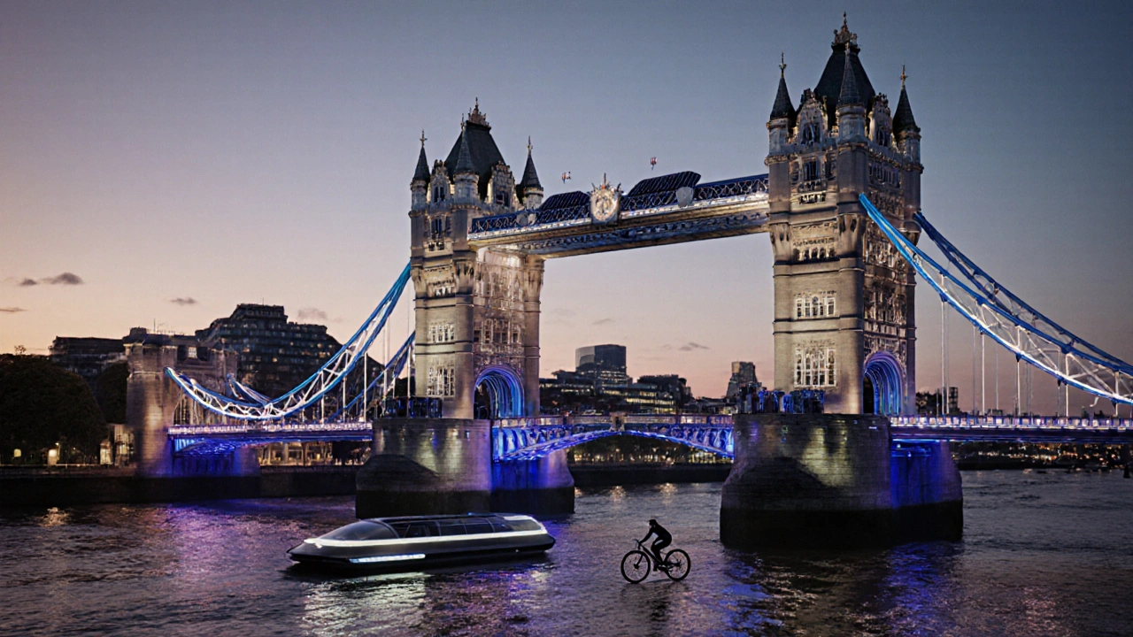 Futuristic Tower Bridge at dusk with LED lighting, solar panels, and a cycle lane.