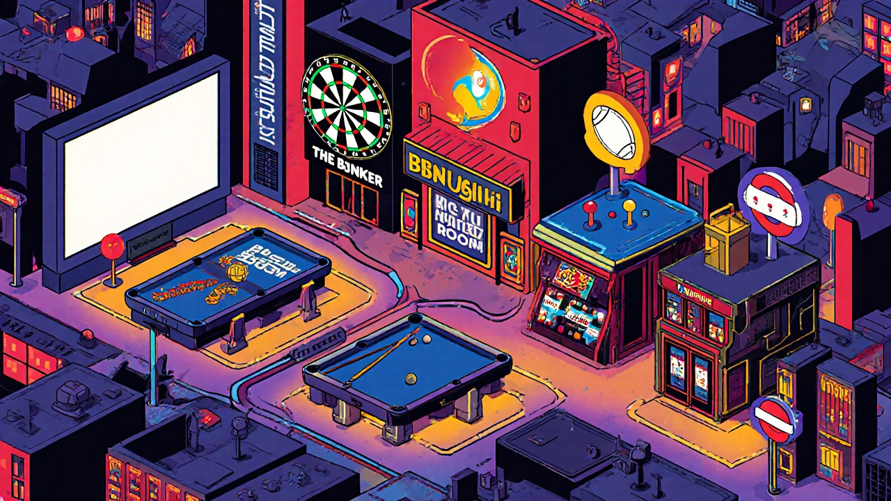 Illustrated map of central London marking five sports bars with icons for screens and games.