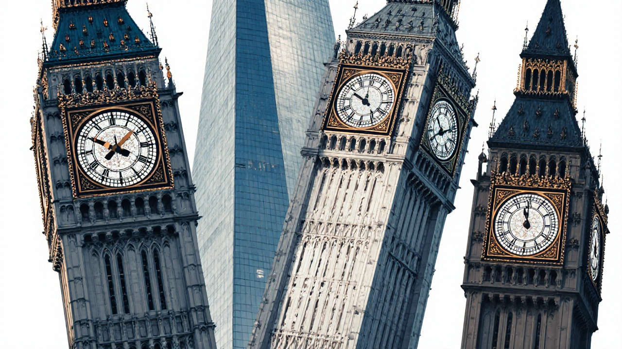 Illustration of modern towers echoing Big Ben’s design, including Liverpool Cathedral, The Shard, Tower Bridge, and Beetham Tower.