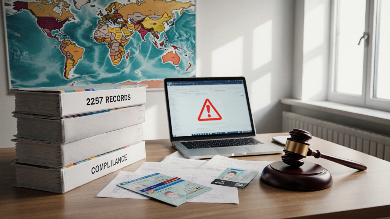 Legal office desk with IDs, a gavel, and a laptop showing red warning icons, lit by natural light.