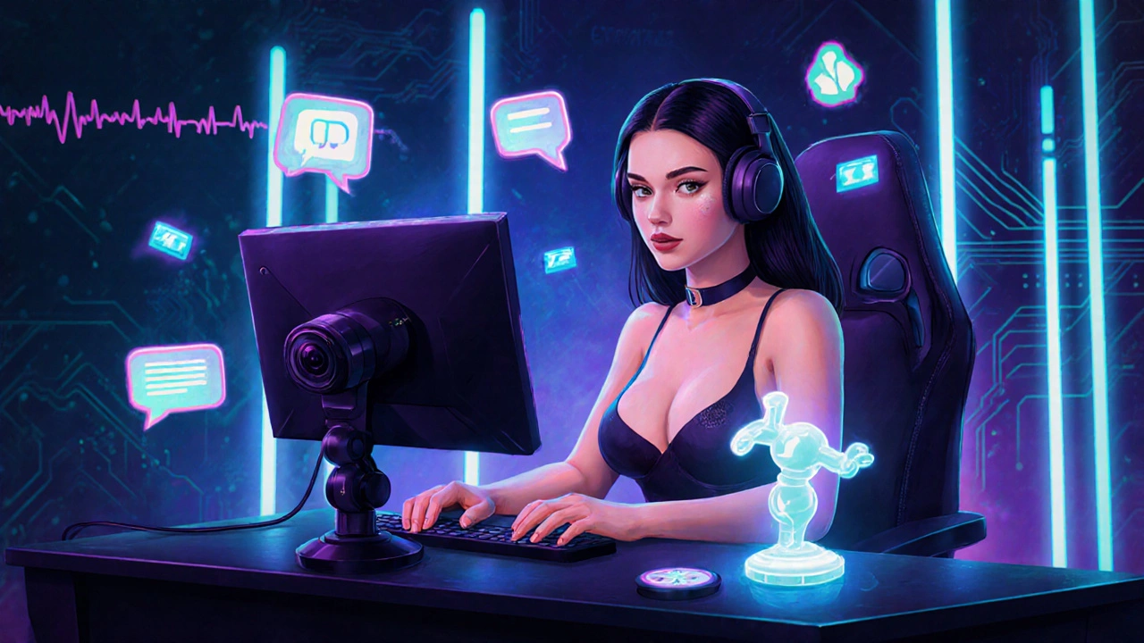 Live cam performer surrounded by neon chat bubbles and floating tip icons.