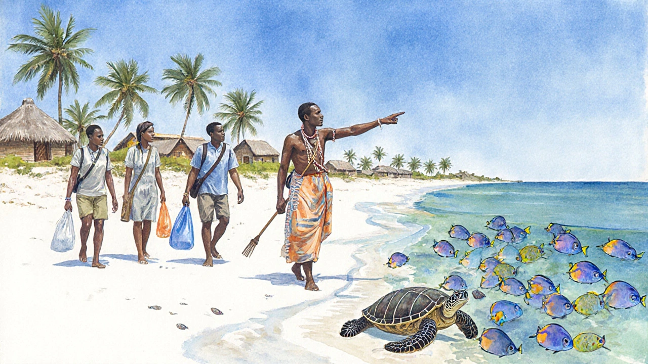 Maasai guide leads a small beach clean‑up walk on Kenyan coast.