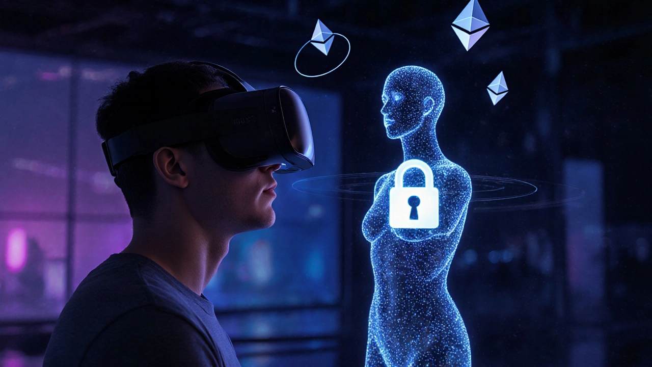Person in VR headset with AI avatar and floating crypto symbols representing premium adult content.