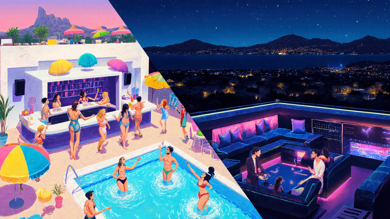 Pool party turning into a neon‑lit rooftop nightclub in Ibiza.