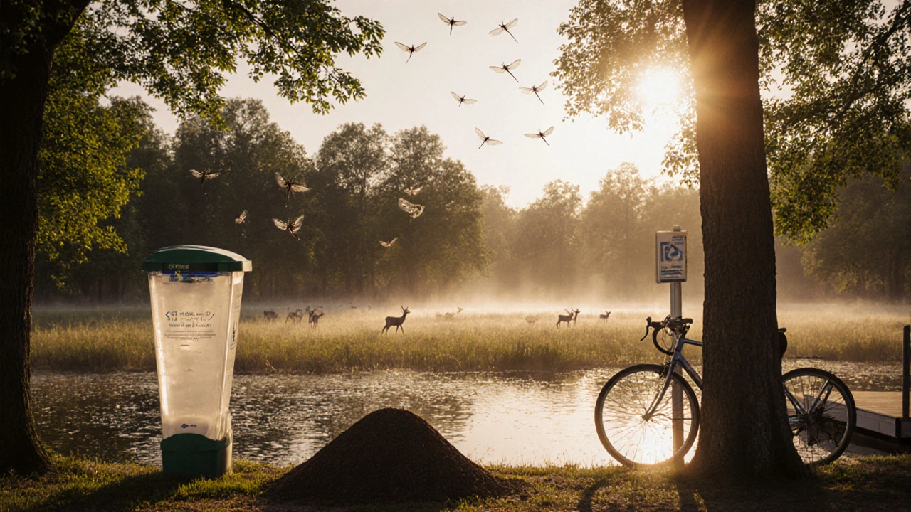 Richmond Park wetlands with deer, dragonflies, recycling station and bike dock at sunset.