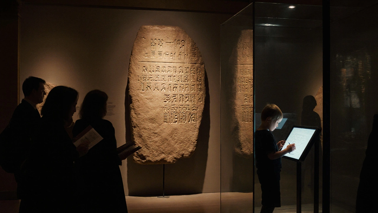 Rosetta Stone displayed under spotlights with a digital replica and visitors.