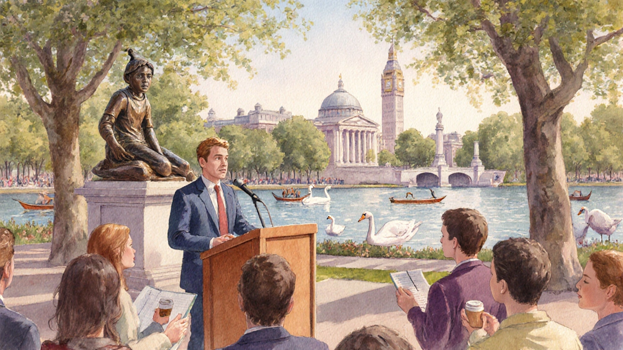 Speakers' Corner crowd listening to a speaker beside the Peter Pan statue and Serpentine lake.
