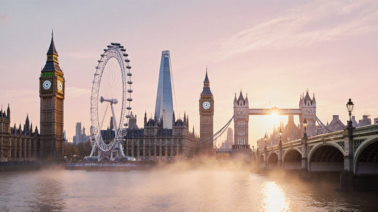 Sunrise cityscape showing Big Ben and nearby buildings with clock-inspired elements.