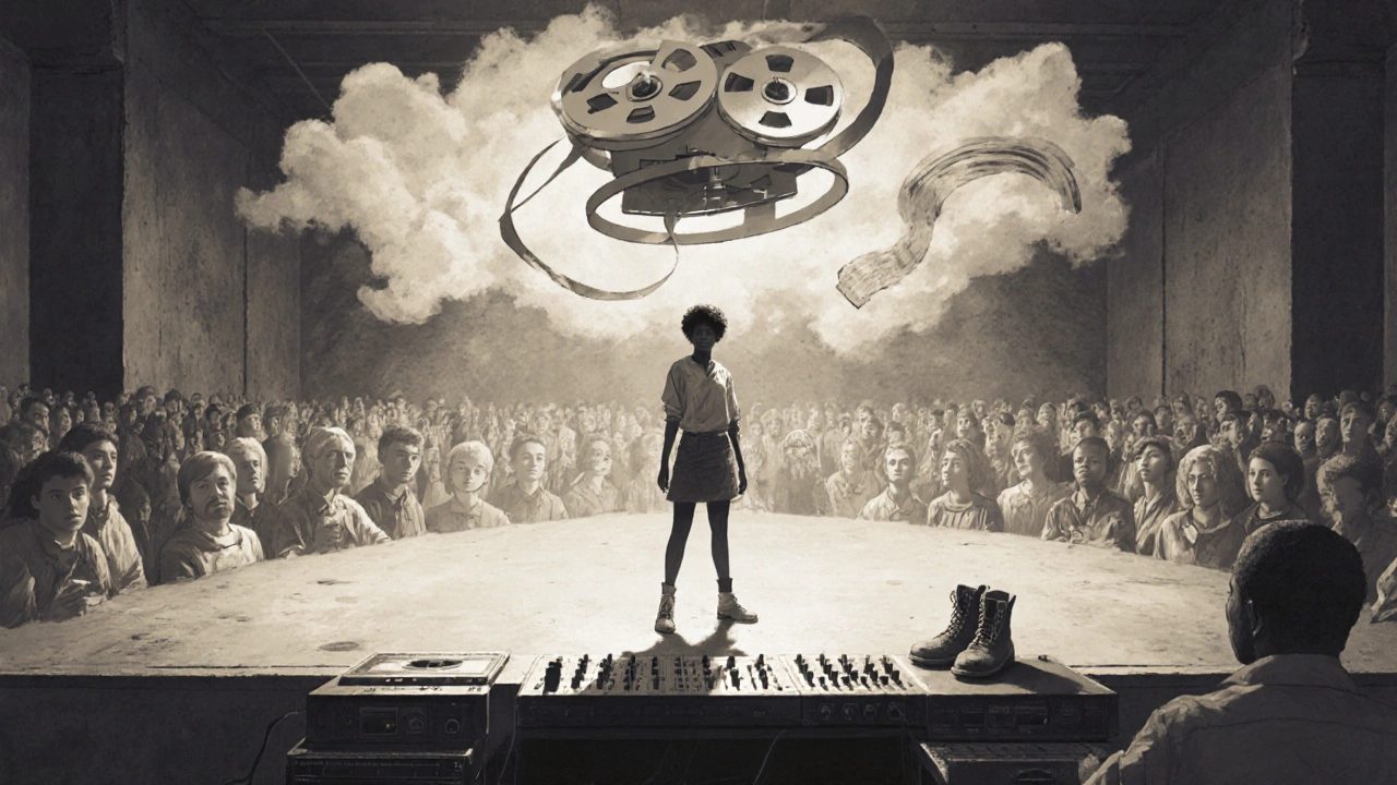 Surreal scene of young artist on stage, her shadow merging with past attendees, sound waves fading into walls.