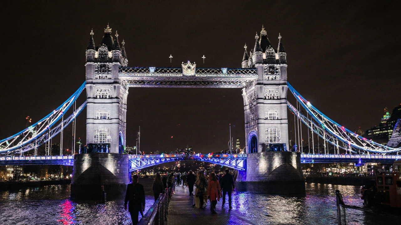 Tower Bridge bascules raised during a festival, crowds on glass walkways and river‑bus nearby.
