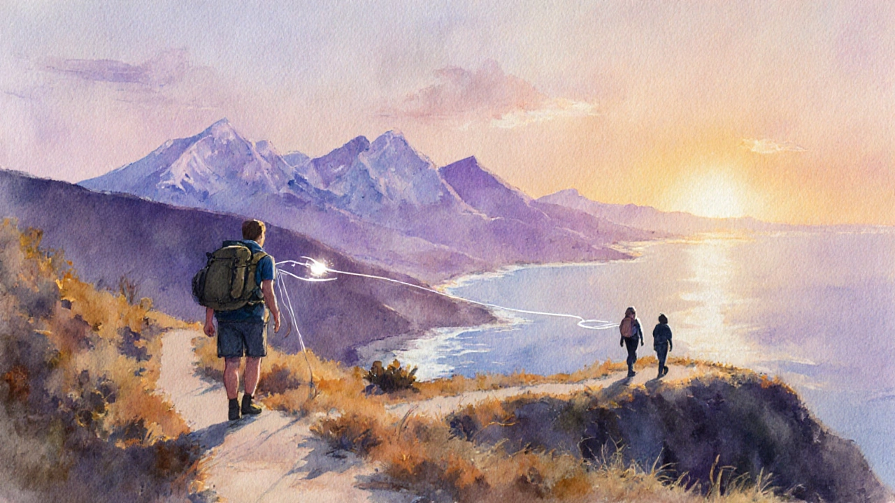 Two figures walking apart on a coastal path at sunset, connected by a glowing thread of light.