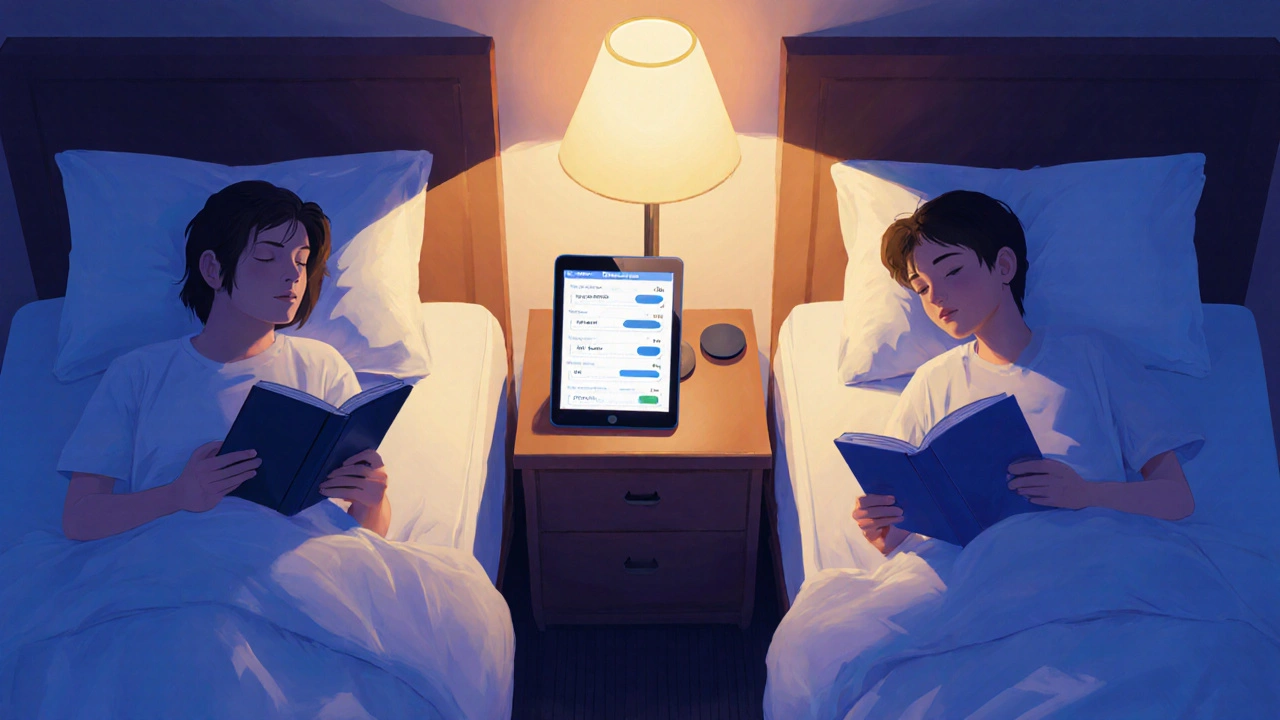 Two people in a hotel room at night, using a budgeting app, one reading quietly, the other sleeping.
