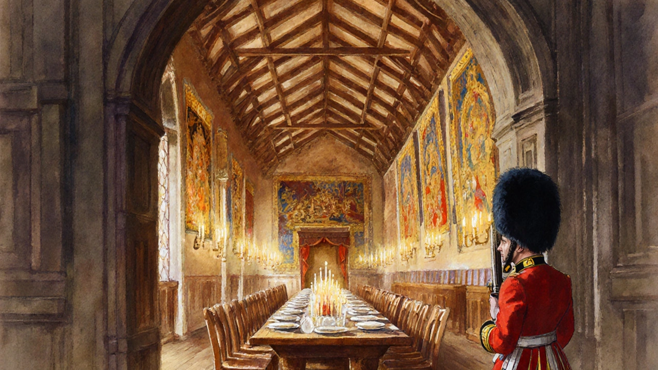 Watercolor of the Great Hall with a banquet and a Beefeater guarding the doorway.