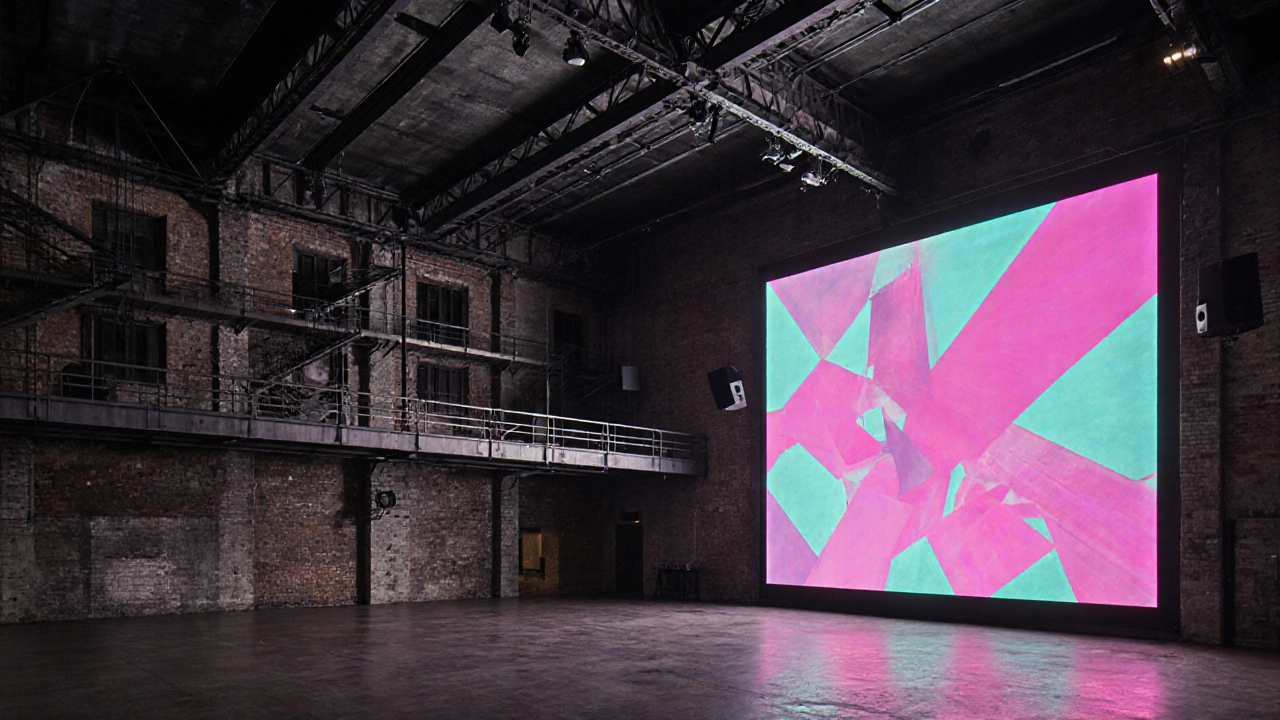 Wide view of Printworks' exposed concrete interior featuring a massive LED wall, speakers and catwalks.
