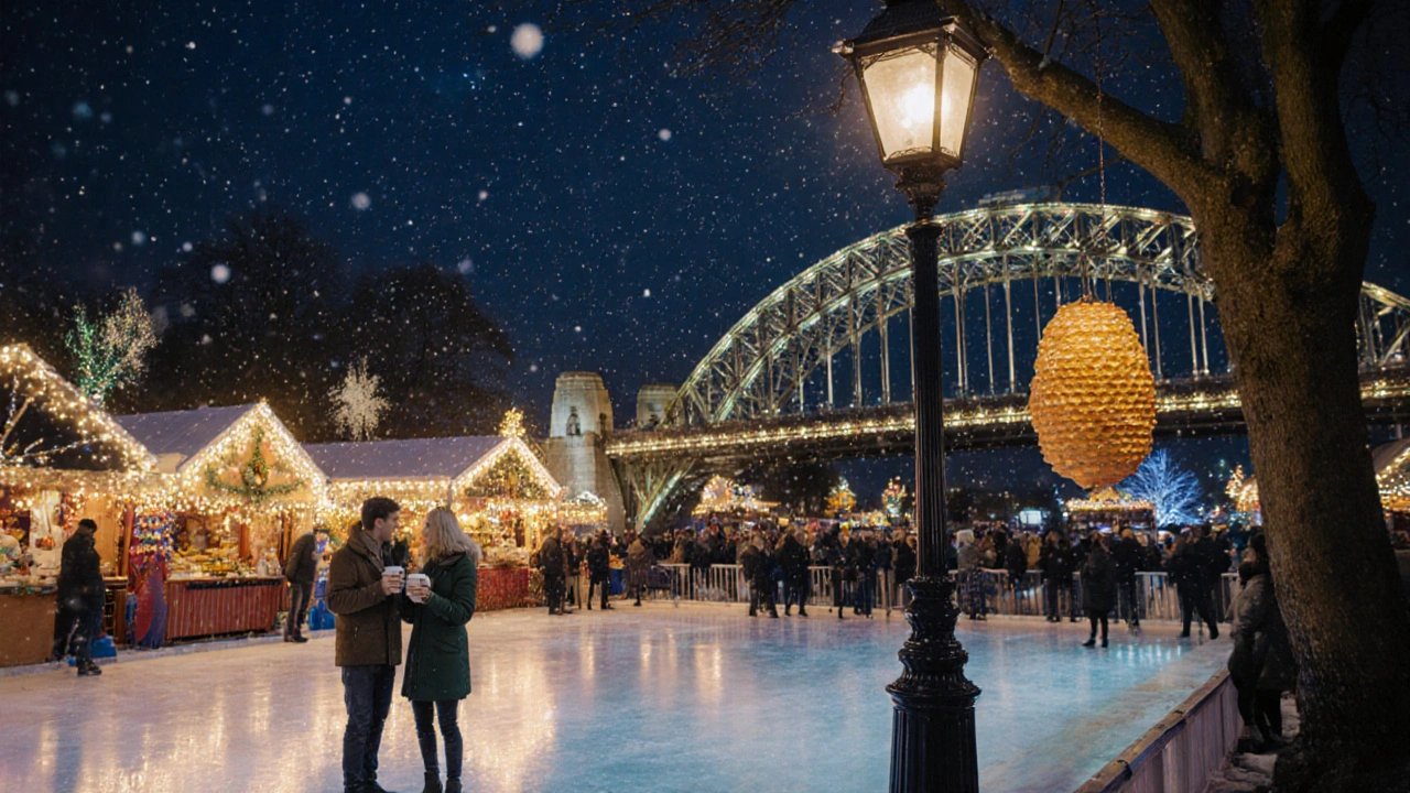 Winter Wonderland at night with ice rink, festive lights, and snow over Hyde Park.