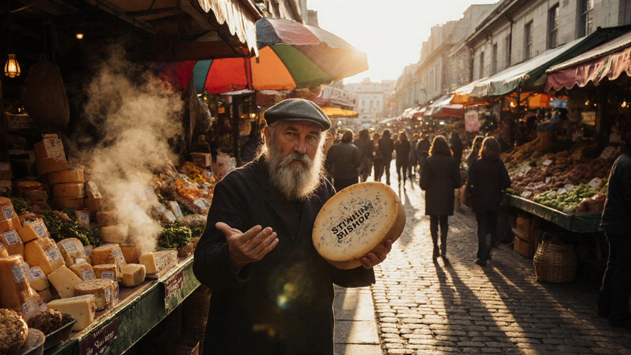 A cheese vendor at Borough Market holding a wheel of Stinking Bishop, surrounded by fresh market goods at dawn.