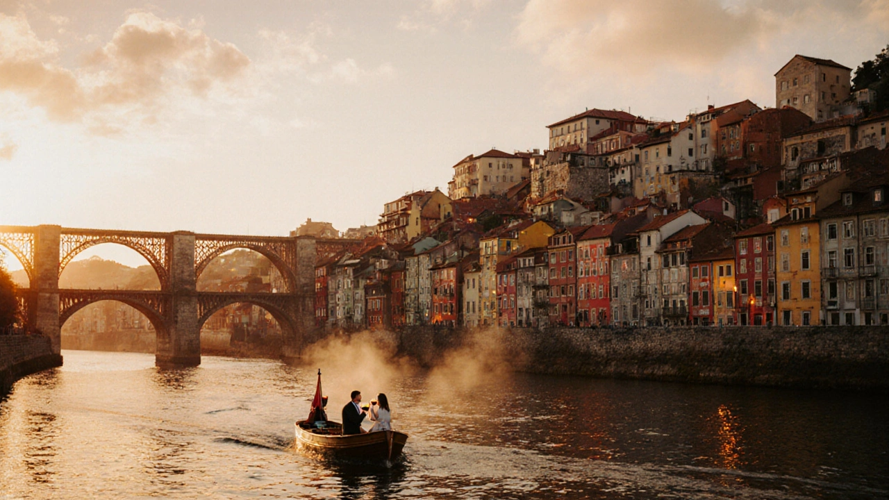 A couple enjoying a sunset cruise on the Douro River, sipping wine as colorful houses glow in golden light.