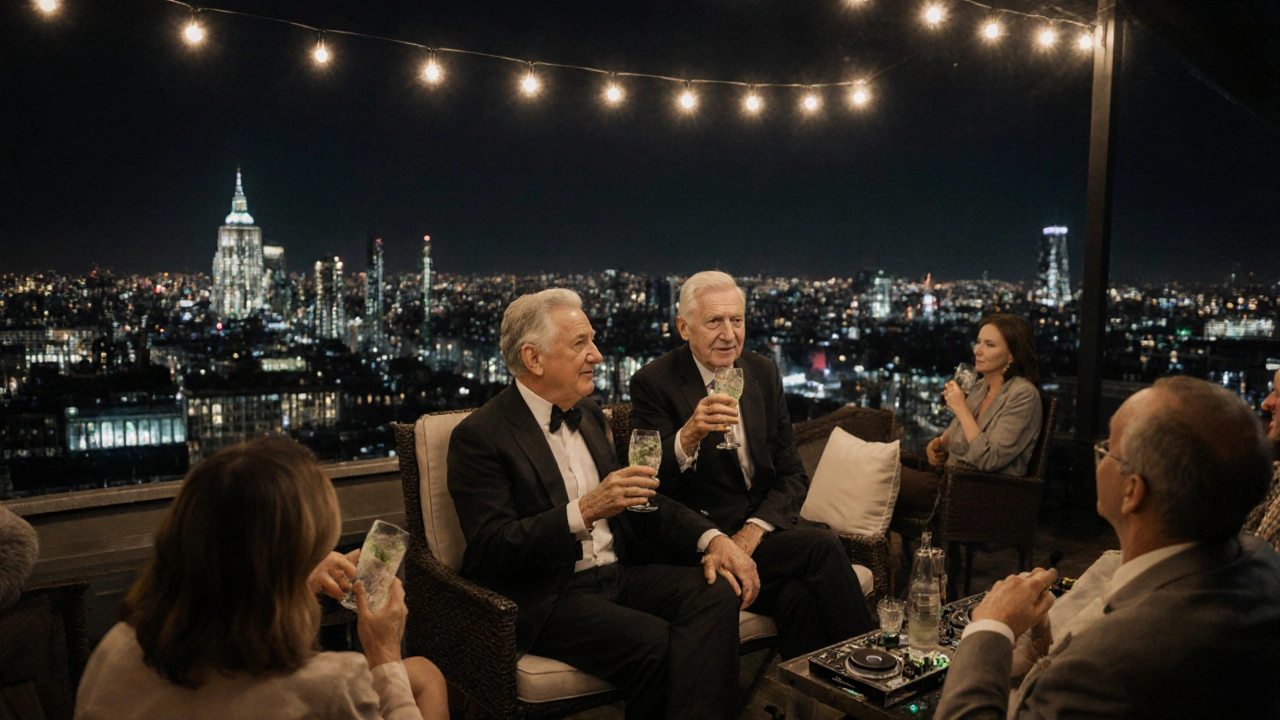 A couple enjoying craft cocktails on a rooftop bar with a live DJ and city lights in the background.