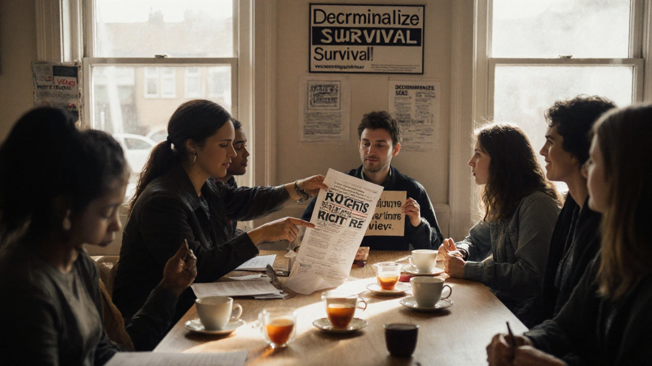 A group of sex workers and supporters meeting in a community center, sharing resources and advocating for rights.