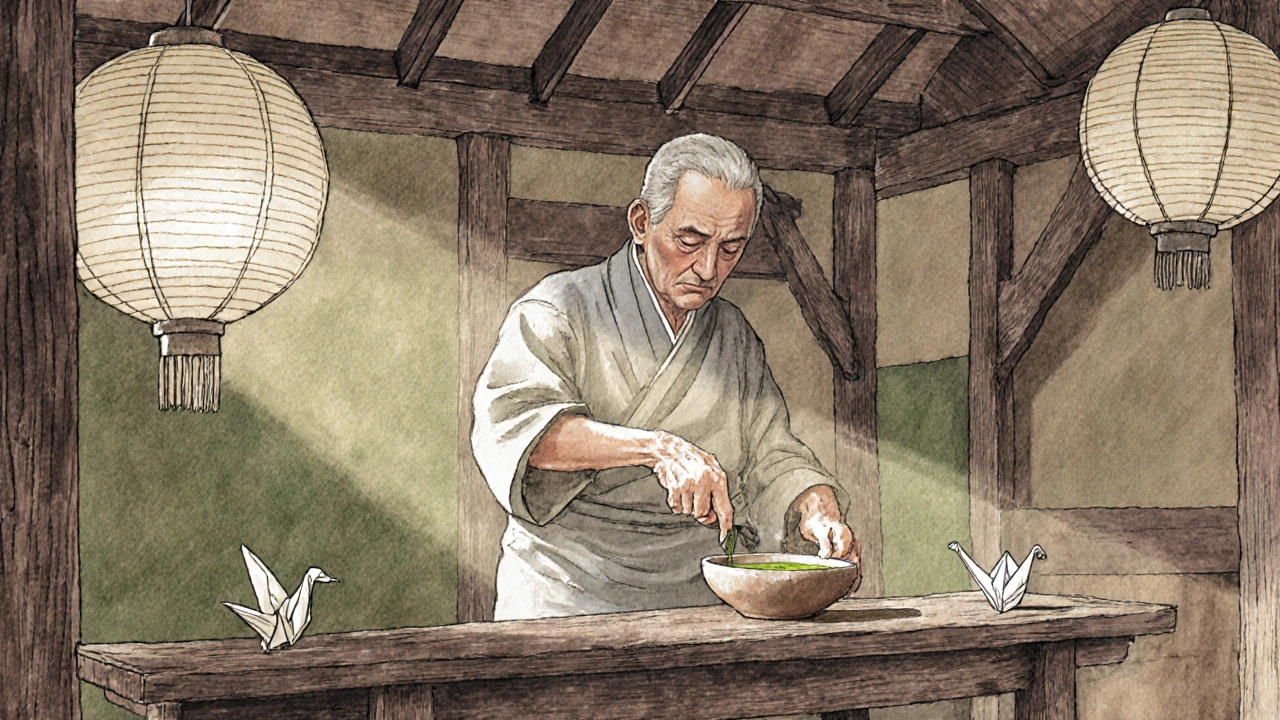 A Kyoto tea master pours matcha in a centuries-old teahouse, sunlight filtering through paper lanterns.