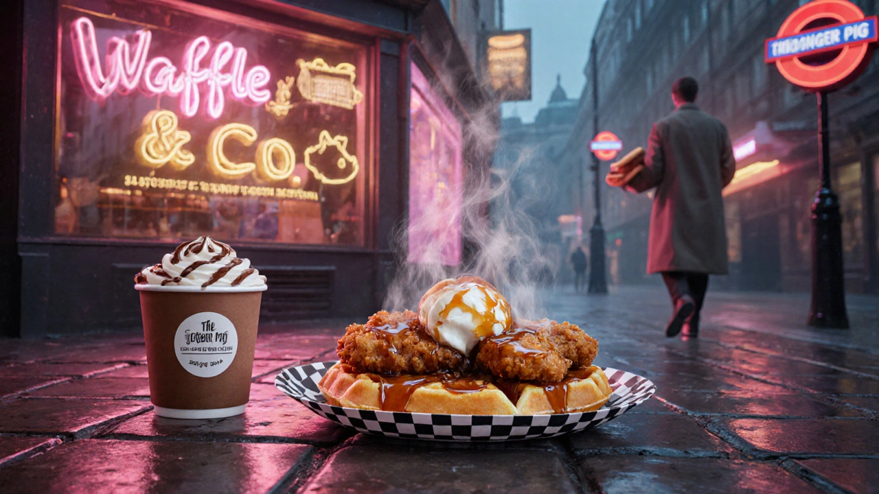 A late-night waffle stall in Soho with fried chicken waffle and hot chocolate under neon signs.
