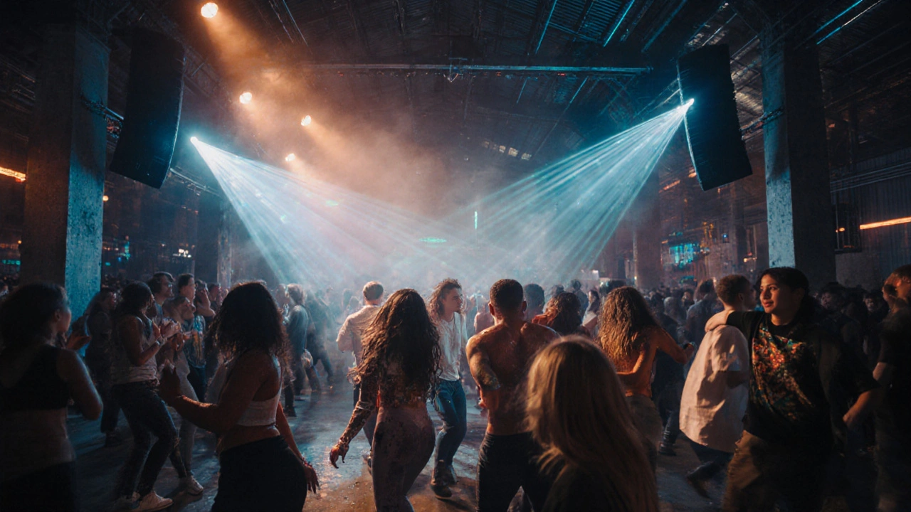 A massive industrial club at dawn with pulsing lights and a dancing crowd under towering speakers.