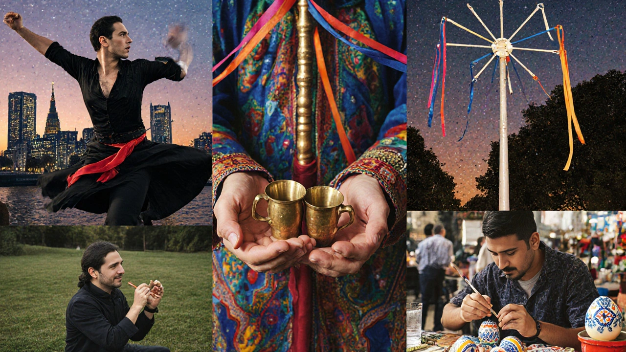 A mosaic of London’s cultural moments: salsa, chai, Maypole, and painted eggs.