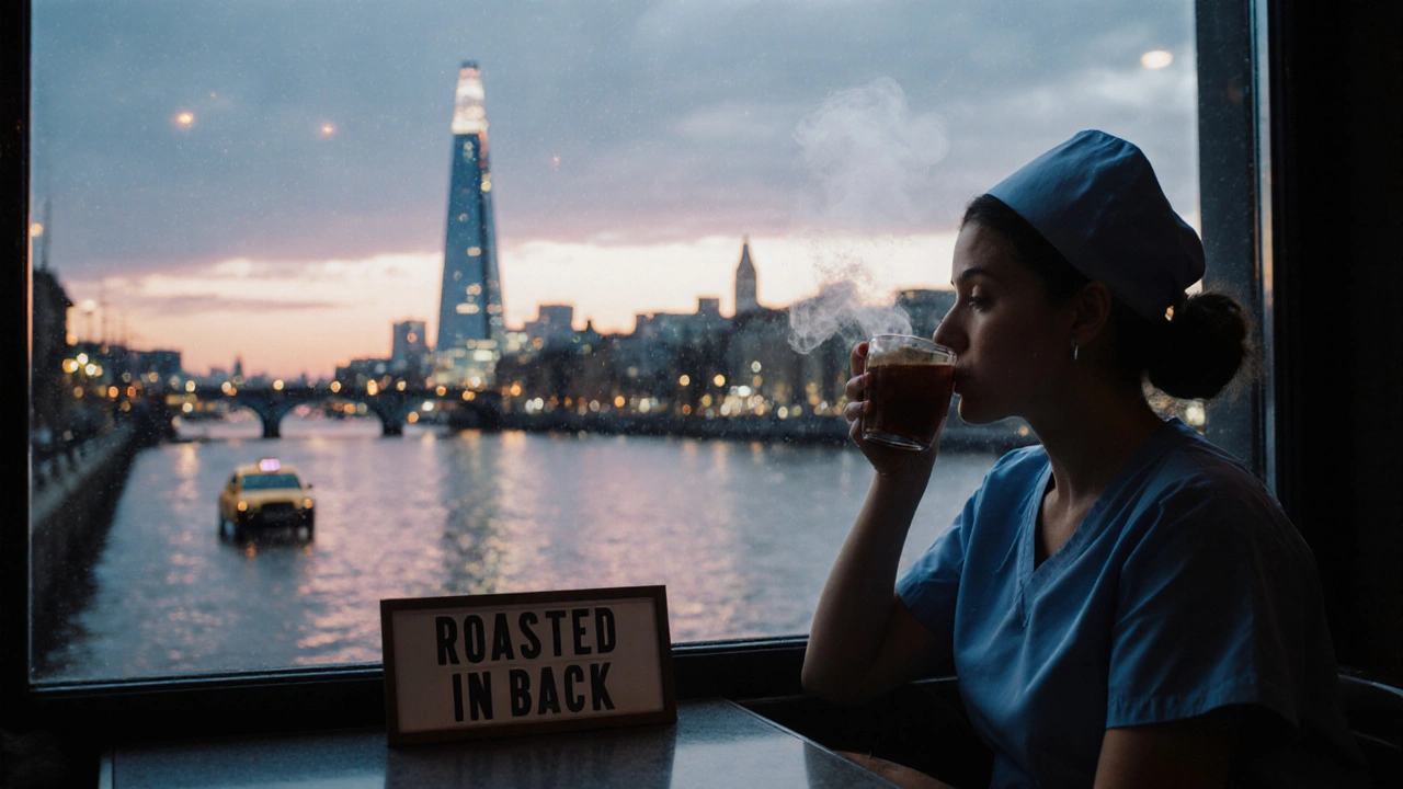 A nurse sipping tea by a window at dawn, watching the Thames and Shard glow in the early morning.