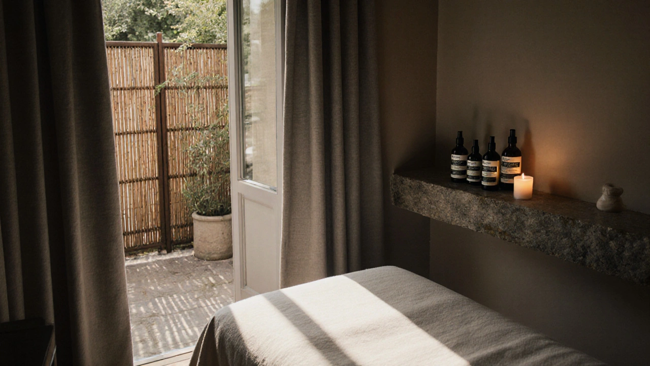 A peaceful spa room with linen-draped massage table and natural light filtering through bamboo.