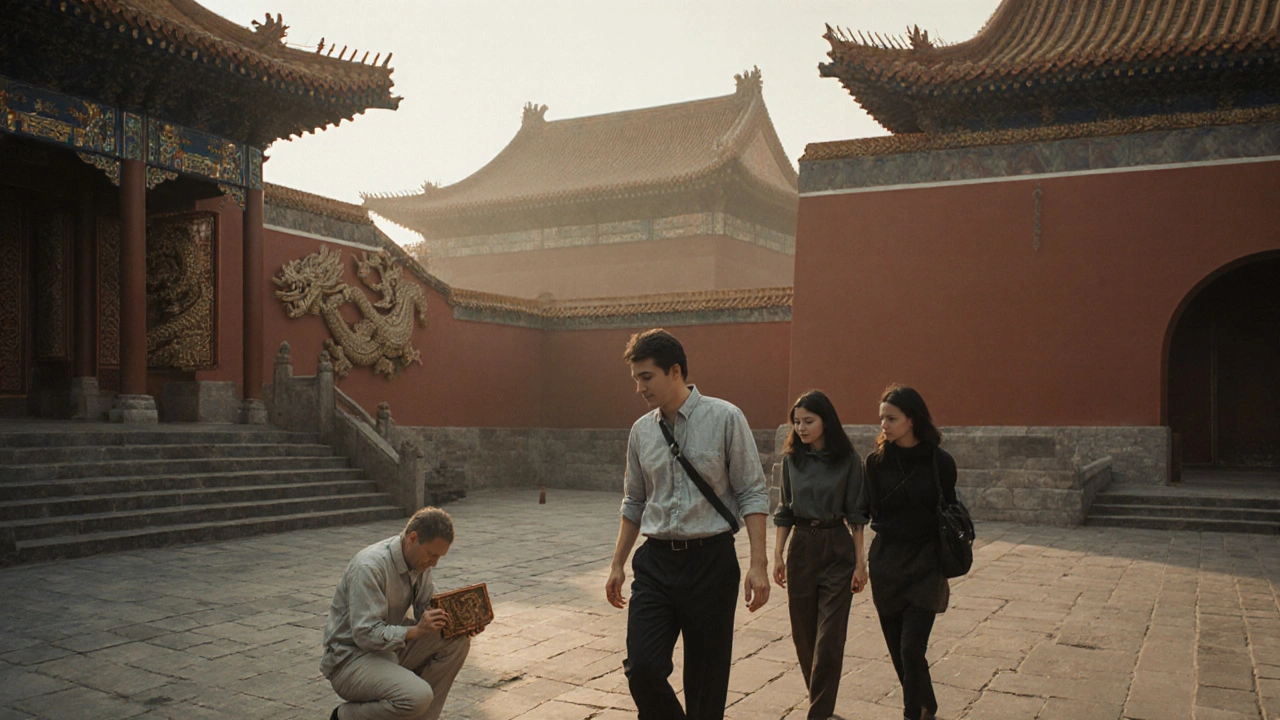 A private tour explores the empty courtyards of the Forbidden City at dawn, surrounded by ornate dragon carvings.