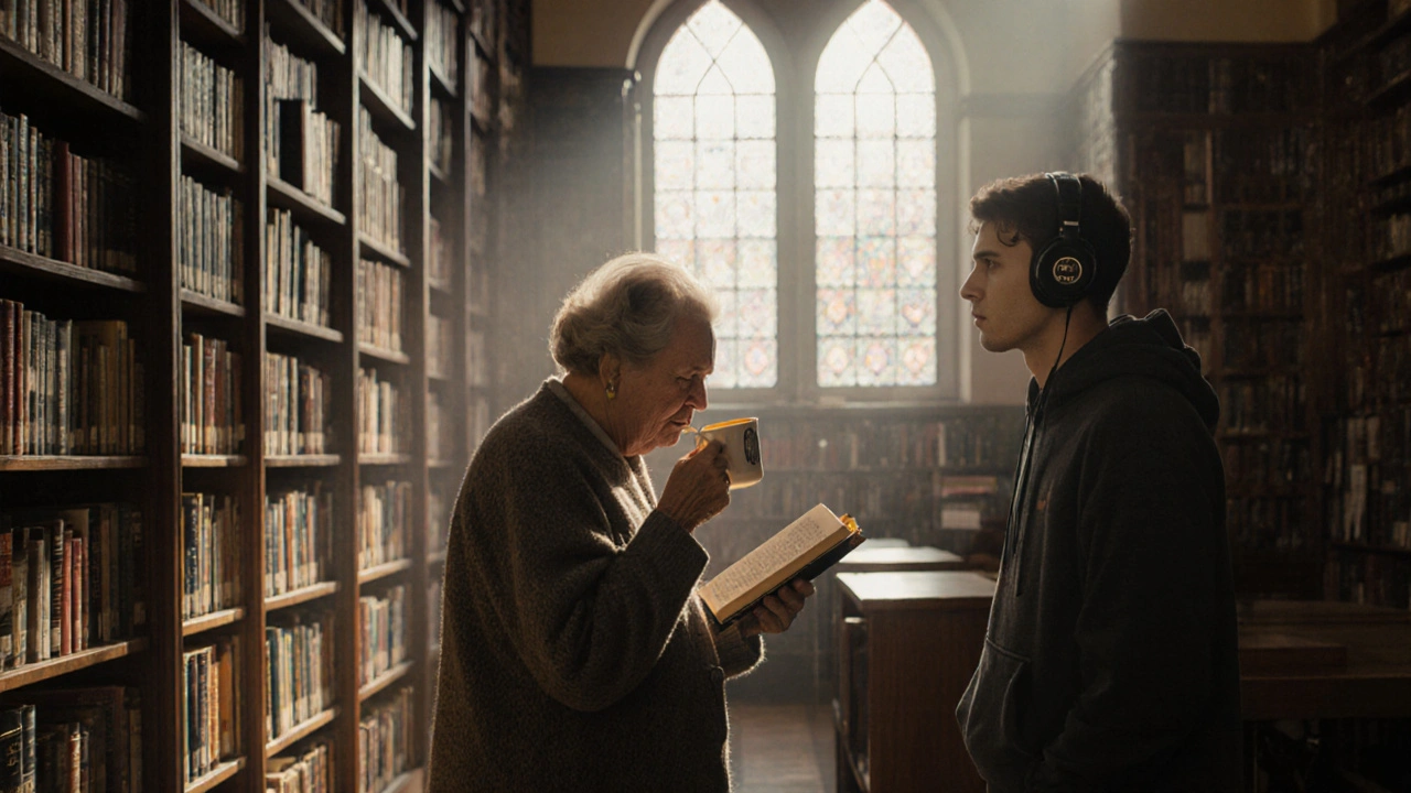 A quiet library interior with sunlight on bookshelves, an elderly woman reading and a young man listening to audio.
