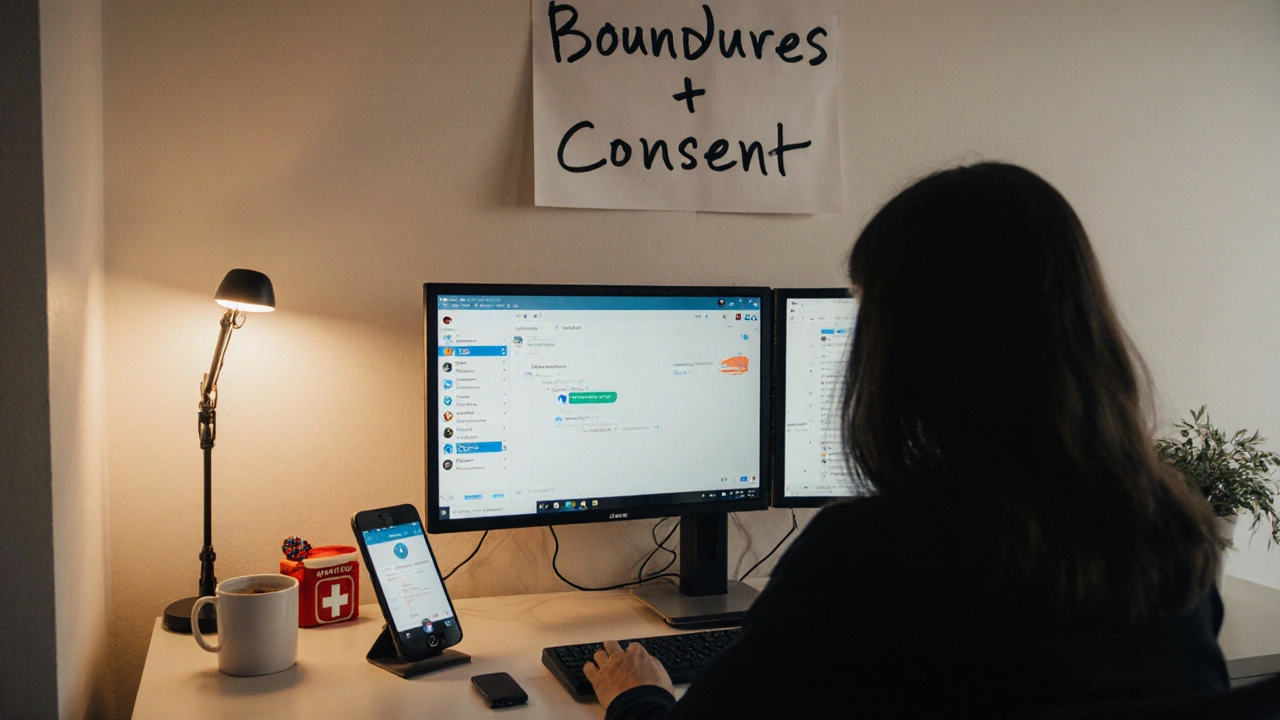 A sex worker at home using a webcam and safety apps, with boundaries clearly displayed in their workspace.