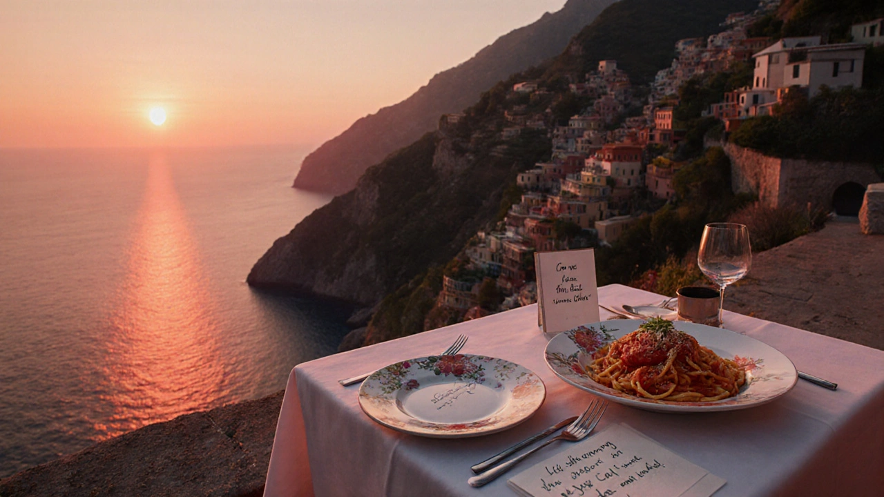 A solitary dinner on a cliffside in Italy at sunset, with handmade ceramics and glowing ocean views.